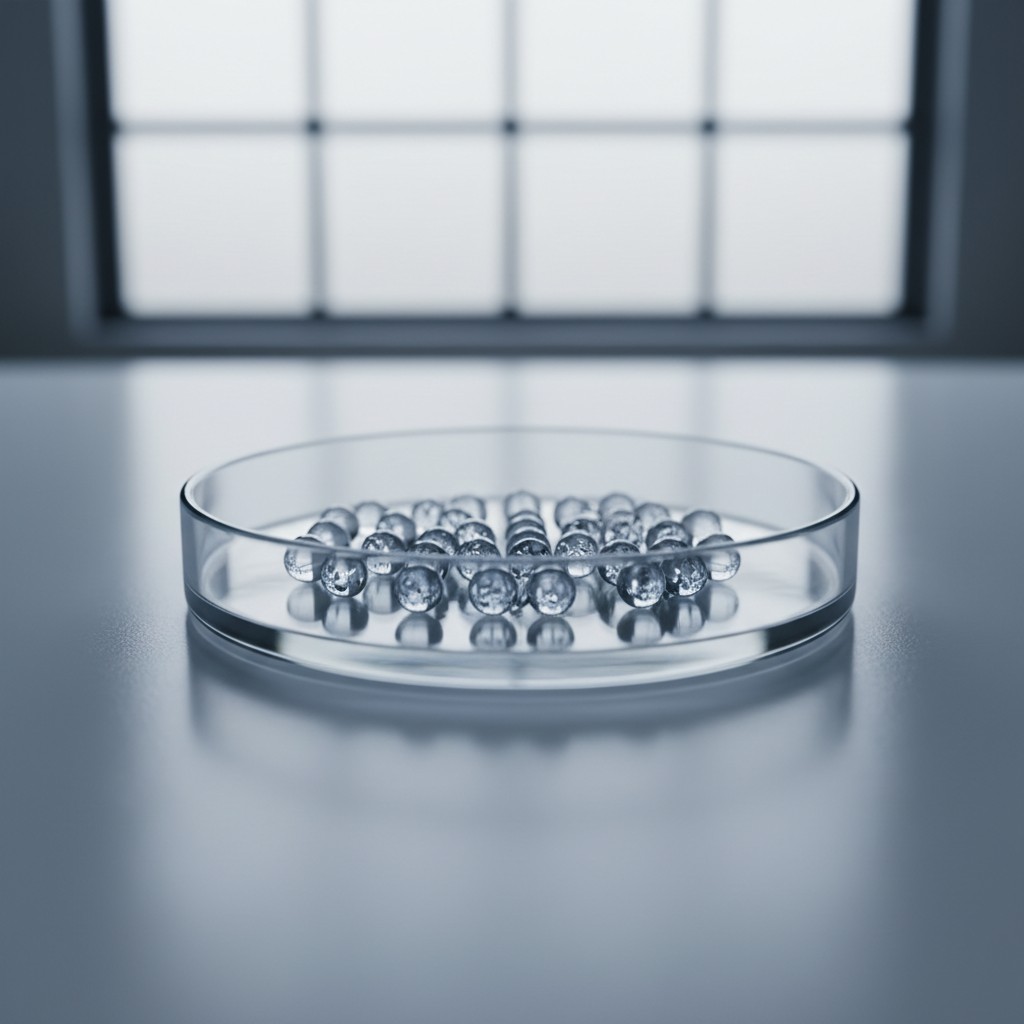 A 3D close up of petri dish inside a lab with small balls within the dish.
