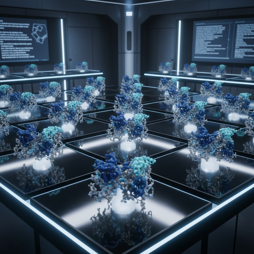 A futuristic room filled with intricate synthetic molecules and 3D maps, possibly representing genetic engineering.