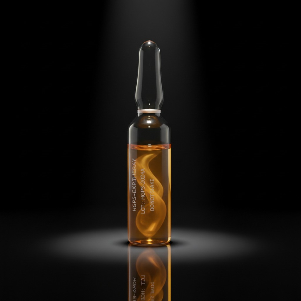 A shallow glass bottle with a dark brown top and clear liquid, contains white words, is centered against an extreme black ...